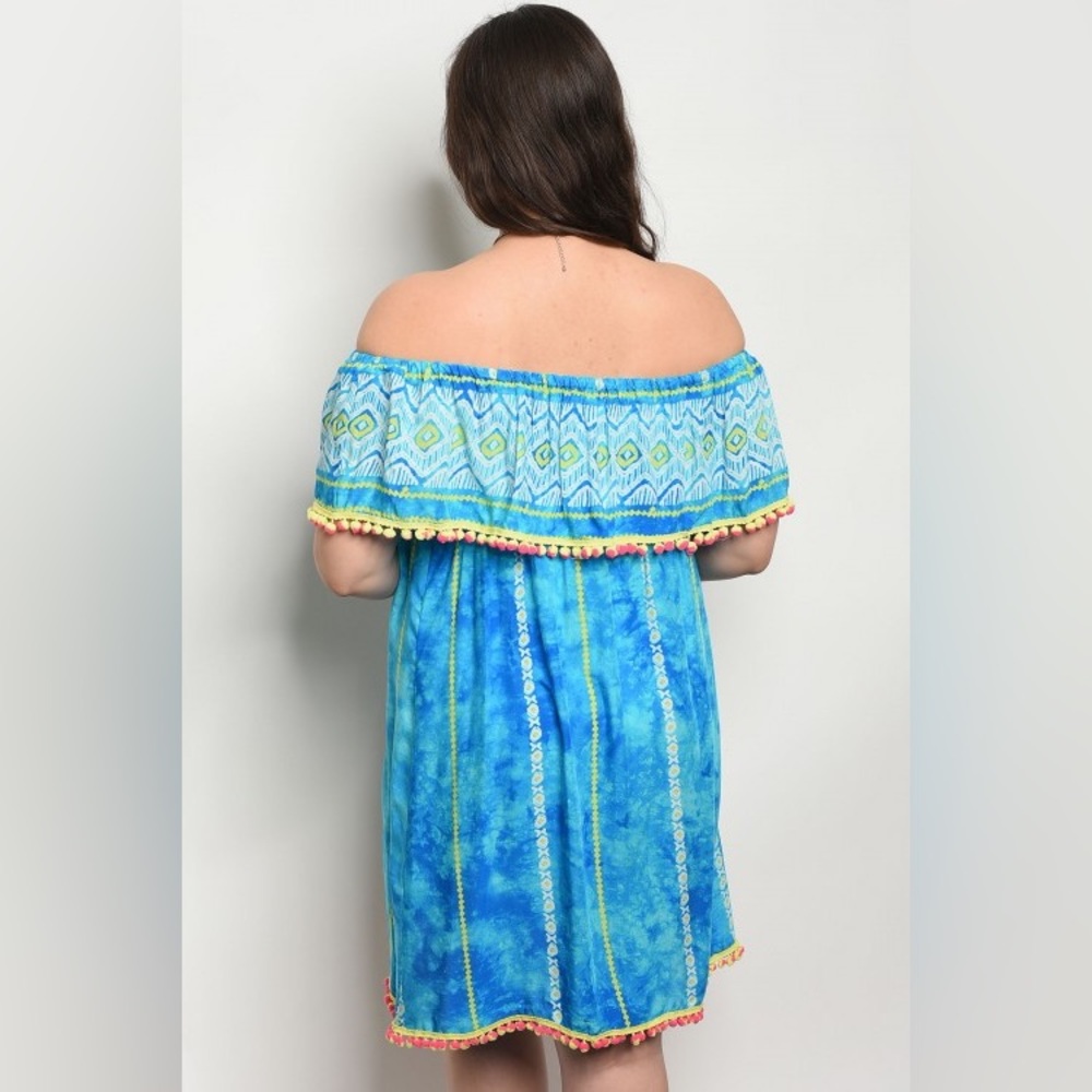NWT!! Women’s Turquoise Blue Boho Dress with Pom Pom Trim - Picture 2 of 12
